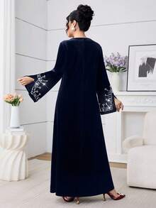 Al Najma Váy nhung tay loe cổ thuyền đính hạt màu đỏ rượu thanh lịch dành cho nữ, mùa thu/đông - Màu xanh lam - Xem 2