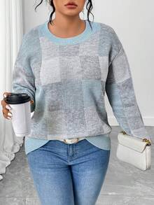 EMERY ROSE Plus Size Elegant Color Block Plaid Crew Neck Long Sleeve Sweater - Blue - View 4