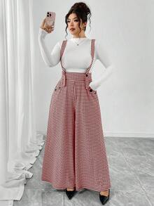 Elenzga 大码千鸟格印花针织面料双排扣长裤，配有真正开口口袋，高腰喇叭裤腿连体裤，优雅百搭，适合外出、约会、聚会等场合，也可作为休闲通勤背带裤穿着。 - 酒紅色 - 查看 4