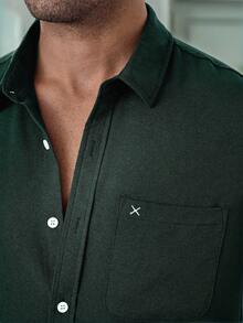 Manfinity Homme Men Solid Button Up Pocket Patched Shirt - Dark Green - View 3