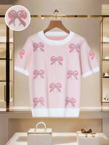 Elenzga Women's Bow Rhinestone Embellished Short Sleeve Knit Top, Unique Design - Multicolor - View 1