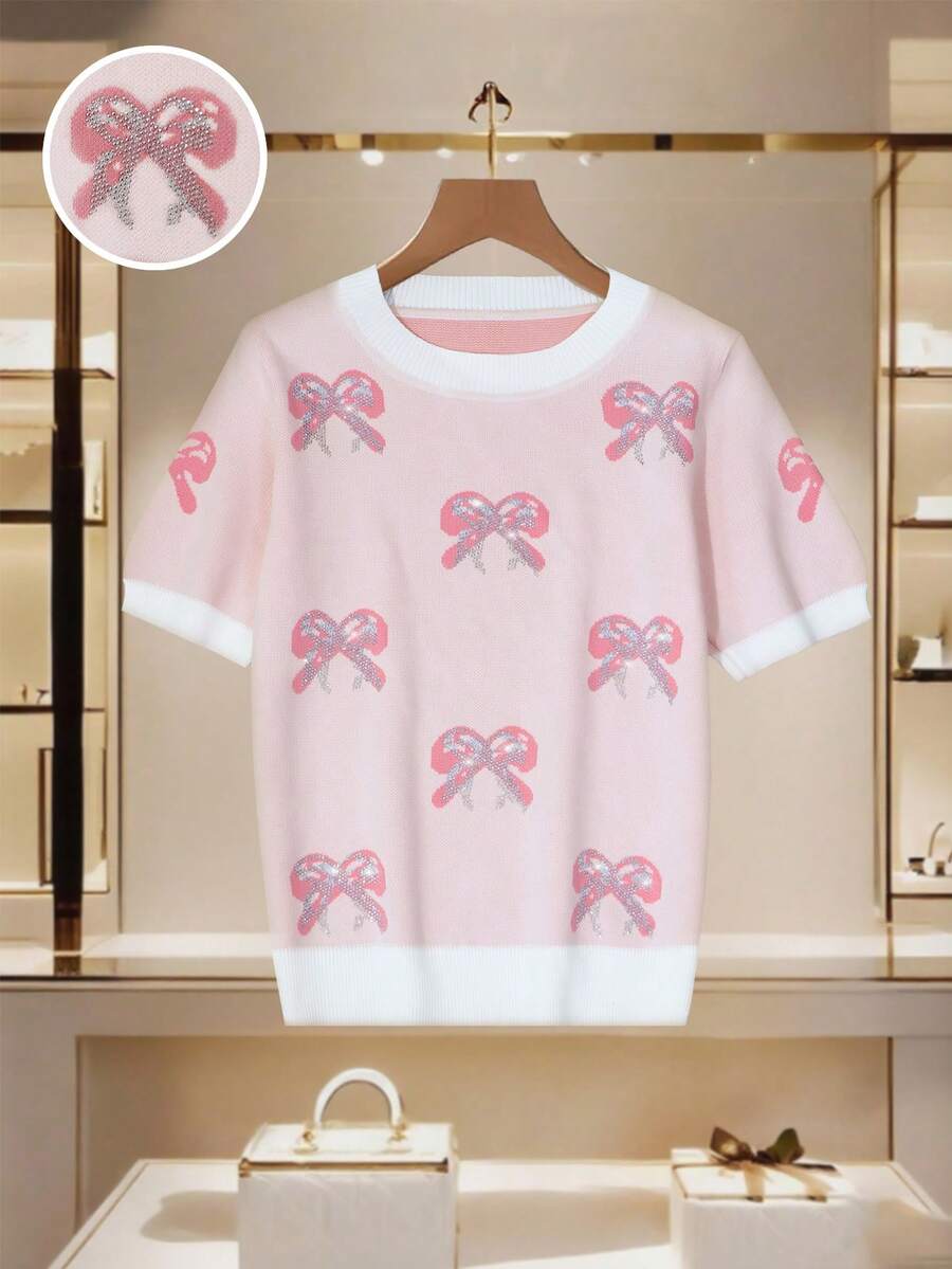 Elenzga Women's Bow Rhinestone Embellished Short Sleeve Knit Top, Unique Design - Multicolor - View 1