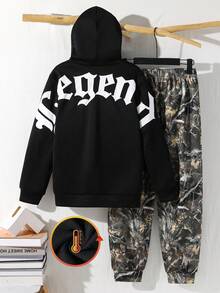 SHEIN 两件套青少年男童休闲日常百搭舒适字母树叶印花连帽卫衣和宽松运动裤套装，适合学校、花园、海滩、生日、春夏秋冬穿着。 - 彩色 - 查看 4