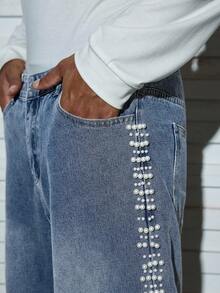 Modcrash Men's Straight Leg Jeans, Gothic Style Casual Studded, Suitable For Daily Wear All Year Round Spring To Summer , Retro American, Unisex, Relaxed Fit Summer Outfits – Suitable For Everyday Wear And Summer Holiday Outfits. - Blue - View 5