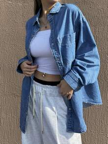 DAZY 宽松水洗牛仔衬衫，休闲女士落肩牛仔上衣 - 淺色水洗藍 - 查看 1
