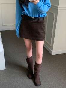 DAZY Merrald 咖啡色灯芯绒高腰A字裙，复古显瘦，秋冬款 - 棕色 - 查看 12