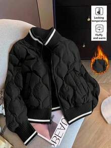 Franclia 欧美时尚撞色拼接针织菱形图案羽绒服，女士户外羽绒服，带口袋，秋冬款 - 黑色 - 查看 1