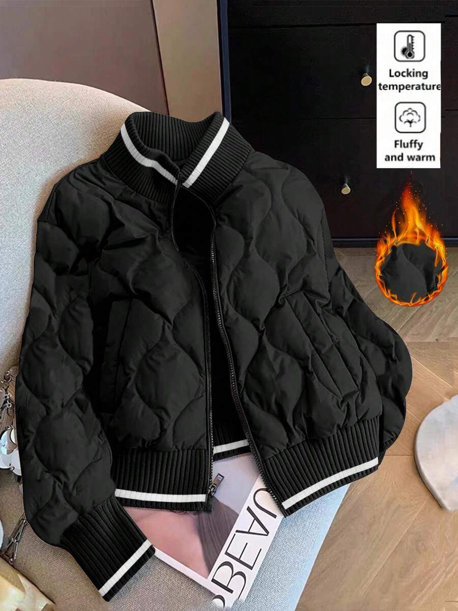 Franclia 欧美时尚撞色拼接针织菱形图案羽绒服，女士户外羽绒服，带口袋，秋冬款 - 黑色 - 查看 1