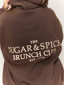 MUSERA 加大码印花连帽衫运动服上衣，舒适套头衫，可爱休闲，适合咖啡俱乐部，冬春季穿着 - 棕色 - 查看 2