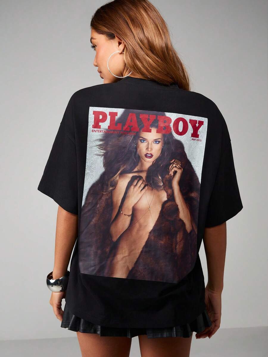 Missguided x Playboy Oversized Magazine Print Short Sleeve Crew Neck Cotton T-Shirt With Full Back Graphic For Casual Everyday Wear - Black - View 1