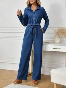 Flexra Women's Casual Everyday Commute Belted Loose Denim Jumpsuit, Spring/Autumn - Dark Wash - View 4