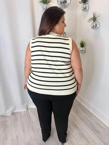 Enliva 大码条纹针织毛衣背心，夏季时尚 - 杏色 - 查看 2