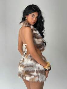 Aloruh Women's Deep V-Neck Faux Fur Sexy Party Camisole,Tank Top