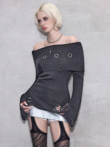 ROMWE Avant Y2K Punk Ripped Design Waist Cinched Flare Sleeve Metal Grommet Accent One Shoulder Sweater - Dark Grey - View 4