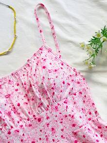 Soleia 女士浪漫红色印花吊带露背A字迷你连衣裙，时尚性感吊带裙，适合春夏、海滩、邮轮、浪漫约会、狂欢节、复活节、中国新年等场合。 - 彩色 - 查看 4