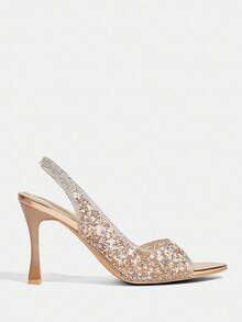 CUCCOO TILAWA 女士水晶装饰优雅细高跟派对鞋，尖头高跟鞋玻璃杯鞋跟中跟金色女士高跟凉鞋带透明 PVC 闪光