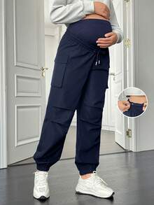 SHEIN Pantalon cargo pour femmes enceintes, couleur unie, taille avec cordon de serrage, liens aux chevilles