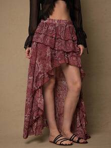 Freevana Women Plus Size Dusty Rose Paisley Print Chiffon Skirt,Autumn Boho Vacation Holiday High Low Western Country Havana Nights Skirt - Burgundy - View 4