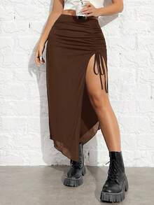 SHEIN EZwear Váy ôm body dệt kim màu nâu sô cô la đậm dành cho nữ - Màu nâu Sô-cô-la - Xem 3