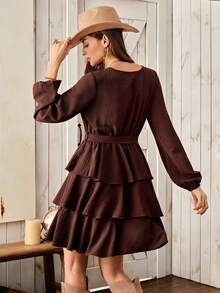 Wildy Casual Country Style Brown Vintage Long Sleeve Dress, Basic Everyday Outfit With Tie Waist, Autumn/Winter - Brown - View 2
