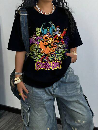 SCOOBY-DOO X SHEIN Plus Size Summer Casual Cartoon Print Round Neck Short Sleeve T-Shirt Suitable For Going Out