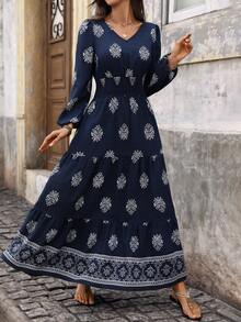 EMERY ROSE 女士休闲碎花长袖连衣裙，适合秋冬季日常穿着 - 藏蓝色 - 查看 3