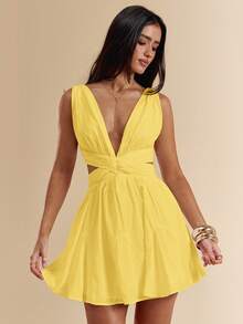 SHEIN BAE 白色雪纺V领露背系带迷你连衣裙，白色连衣裙，毕业礼服，度假连衣裙，春夏款 - 黃色 - 查看 7