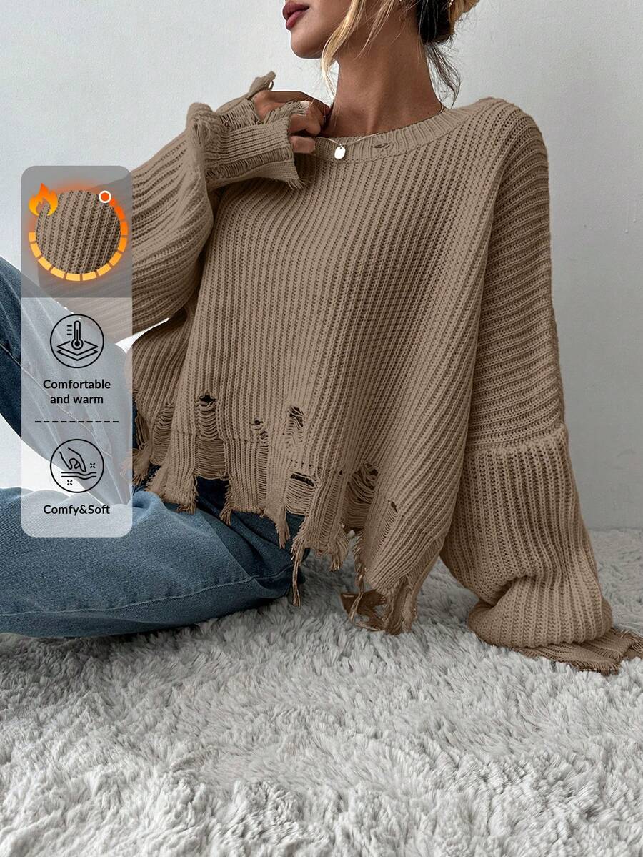 EURMUSE Women's Solid Color Simple Distressed Long Sleeve Sweater - Mocha Brown - View 1