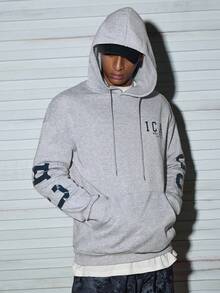 Modcrash 男士英文标语及图案印花连帽衫，保暖内衬，秋冬款 - 灰色 - 查看 7