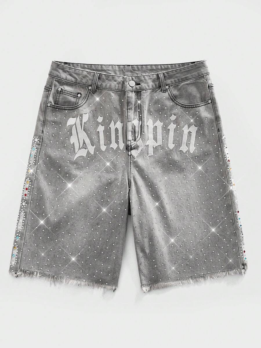 ROMWE MEN Street Life Casual Wide Leg Button Pocket Men's Sparkling Diamond Denim Shorts - Grey - View 1
