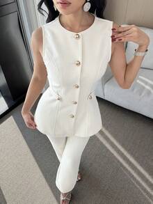 Feyla 女士优雅通勤前扣无袖上衣和裤子两件套，夏季 - 杏色 - 查看 4