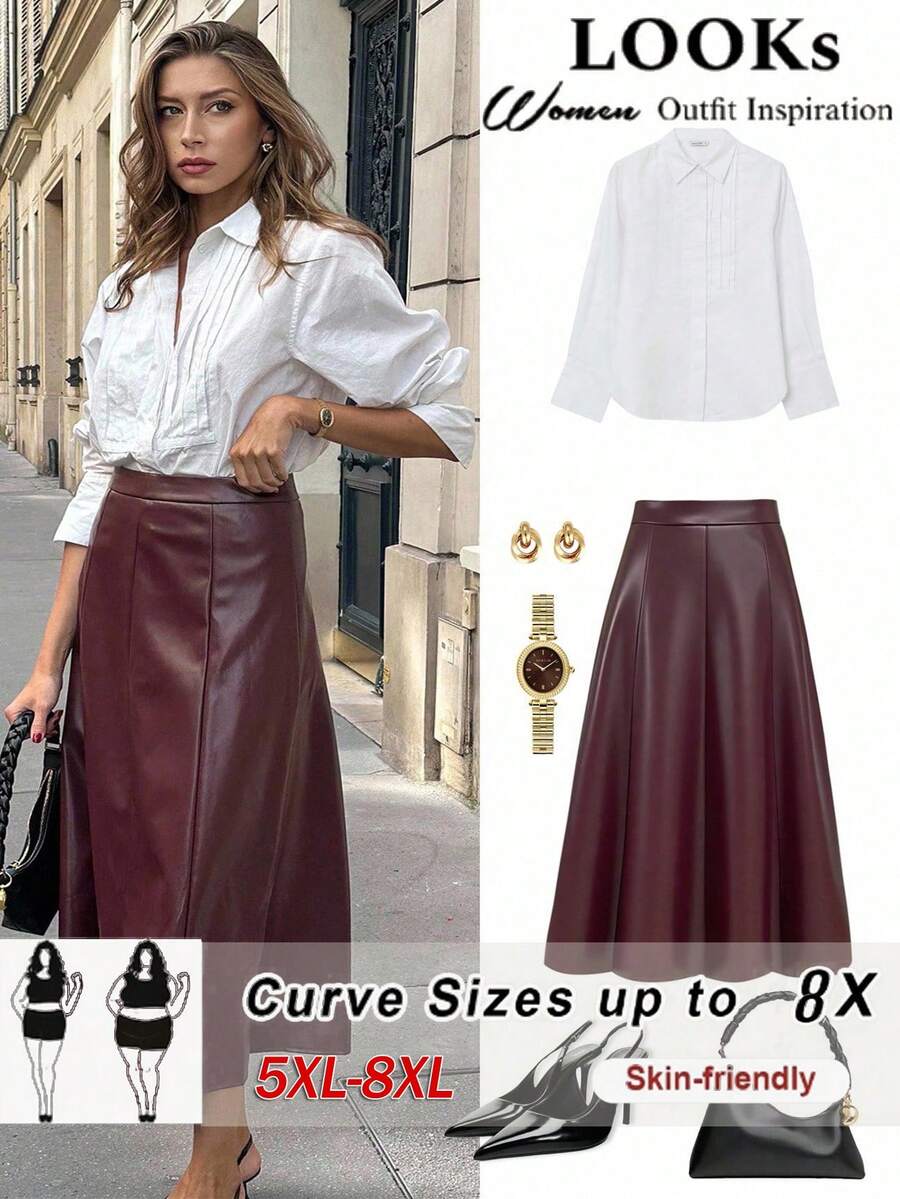 SHEIN CURVE+ Chân váy vải PU chất lượng cao màu trơn thanh lịch cỡ lớn dành cho nữ, cạp chun, khóa kéo ẩn bên hông, thiết kế dáng chữ A, chân váy dài đến giữa bắp chân, thích hợp cho các buổi hòa nhạc, đi chơi thời trang, khách dự tiệc cưới, tiệc tùng, hẹn hò, giáng sinh, năm mới, ngày lễ tình nhân, sinh nhật, món đồ thời trang, màu đỏ, chân váy dài đến giữa bắp chân đa năng dành cho nữ - Màu Đỏ Sâu - Xem 1