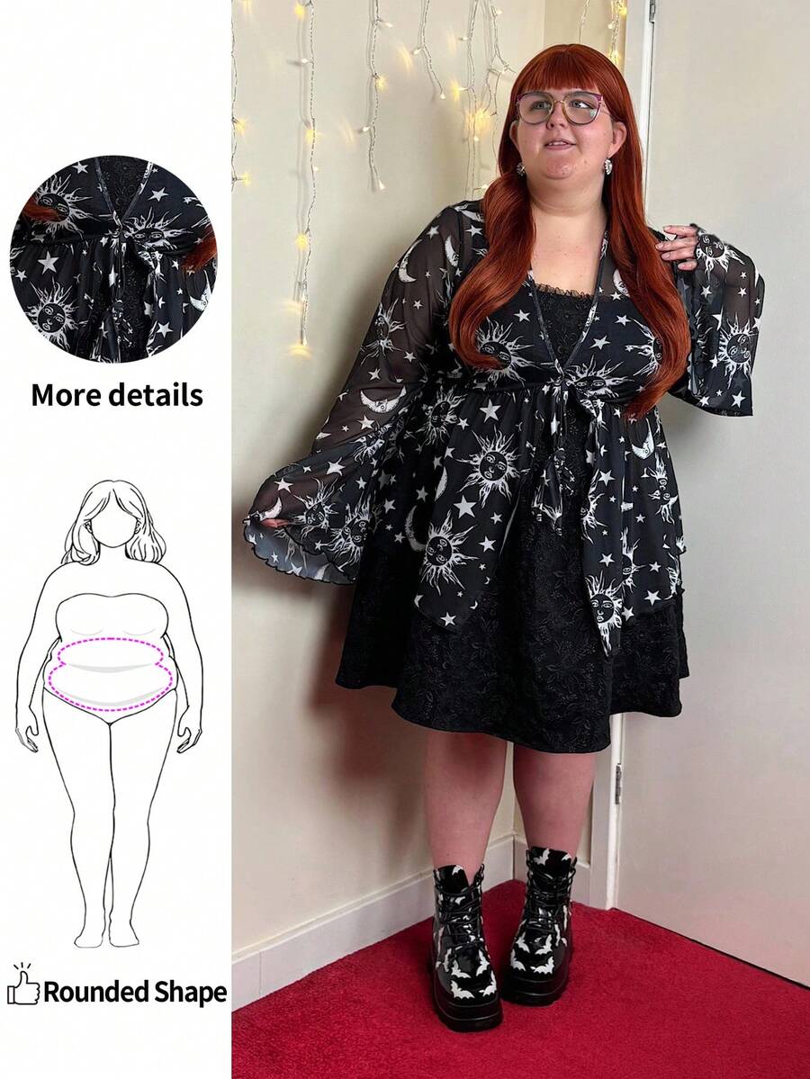 Enliva 大码女式返校/度假季 V 领长袖娃娃装上衣，带有太阳月亮星星印花，秋季 - 黑與白 - 查看 1