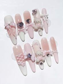 ROMWE Anime 10张Y2K可爱爱心、星星、蝴蝶结、翅膀美甲贴纸，带胶带 - 粉色1 - 查看 3