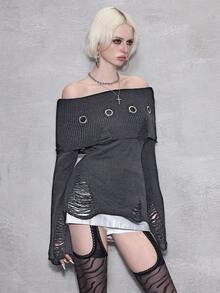 ROMWE Avant Y2K Punk Ripped Design Waist Cinched Flare Sleeve Metal Grommet Accent One Shoulder Sweater - Dark Grey - View 6