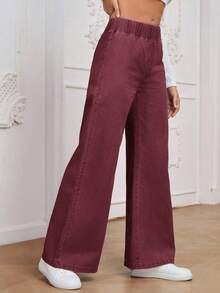 EMERY ROSE Women's Elastic Waist Wide Leg Loose Casual Versatile Jeans - Burgundy - View 3
