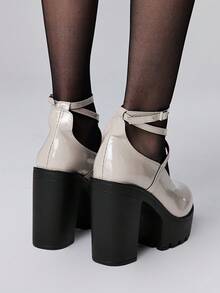 ROMWE Giày Mary Jane nữ bít mũi, quai chéo, kiểu Punk Goth, đế cao, quai cài, giày đồng phục JK, giày cao gót chống thấm nước, thích hợp cho công sở. - Màu Khaki - Xem 5