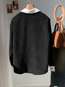 Comfortcana Autumn Casual Color Block Corduroy Embroidered Jacket Preppy Clothes For Women French Style Clothes Button Up Sweater Dark Academia Clothes Ribbed Knit Sweater Preppy Clothes In Women - Burgundy - View 2