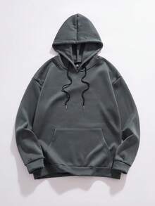 StoneGrade Sudadera con capucha de ajuste holgado y caída de hombros de unicolor con cordón, para otoño - Gris Oscuro - Ver 8