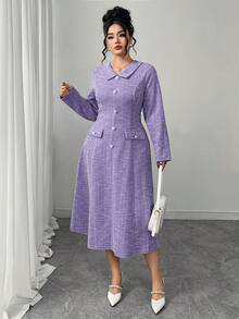 Elenzga Đầm tay dài đính nút ngọc trai cỡ lớn cho nữ, thanh lịch cho tiệc tùng, trà chiều, tiệc năm mới - Màu tím hoa cà - Xem 6