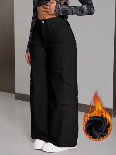 Jeanoix Plus Size Women High Waist Frayed Hem Wide Leg Loose Casual Jeans