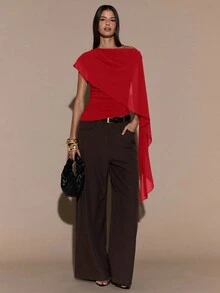 SHEIN BAE Women's Asymmetric Shoulder Ruched Neck Tie Knit Top, Elegant Fitted Sweater, Autumn/Winter - Red - View 3