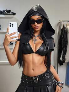 Jeanoix Women's Y2K Stylish Hooded Super Short Coated Jacket - Black - View 7