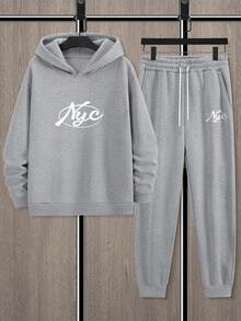 Manfinity Homme 男士纽约市标语字母印花休闲卫衣和运动裤套装（2件套），冬季男装，秋季男装 - 灰色 - 查看 3