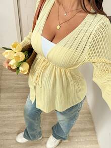 SHEIN Spring Women Maternity Casual Solid Color Drawstring Waist Flare Sleeve Cardigan