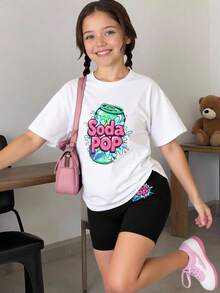 Sparklyn Bộ áo thun tay ngắn in họa tiết Soda Pop cho bé gái + quần short bó, thời trang thường ngày, phù hợp cho mùa xuân và mùa hè - trắng - Xem 1