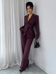 Elenzga Bộ vest 2 món dành cho nữ, có cổ ve, nút cài phía trước, gấu xẻ, túi bên hông, nơ thắt eo, áo khoác blazer tay dài kết hợp với quần ống rộng cạp chun, màu đỏ Angora, phong cách Pháp cổ điển thanh lịch cho công sở/đi làm/công tác/nghỉ dưỡng/thường ngày/đường phố, trang phục dự tiệc/giáng sinh/lễ tạ ơn/trà chiều/năm mới sang trọng, thu/đông - Màu Tím - Xem 6