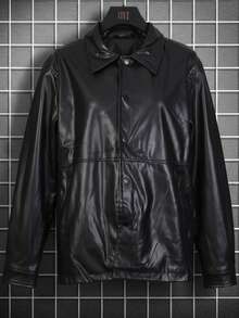 Chaqueta para hombre estilo minimalista urbano cuero sintético color sólido corte clásico solapa manga larga otoño invierno uso casual chaqueta - Negro - Ver 2