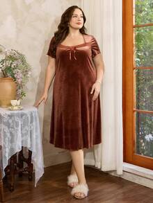 Côtesoire Camisón de manga corta con cintura ceñida, cuello cuadrado de encaje y terciopelo, talla grande, para otoño/invierno - Marrón - Ver 3