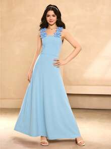 Teen Girl Elegant Minimalist Fashion Sleeveless High Waist Long Solid Color Textured Fabric Blue Maxi Dress With Padded Floral Decor, Suitable For Graduation, Prom, Casual, Vacation - Blue - View 1